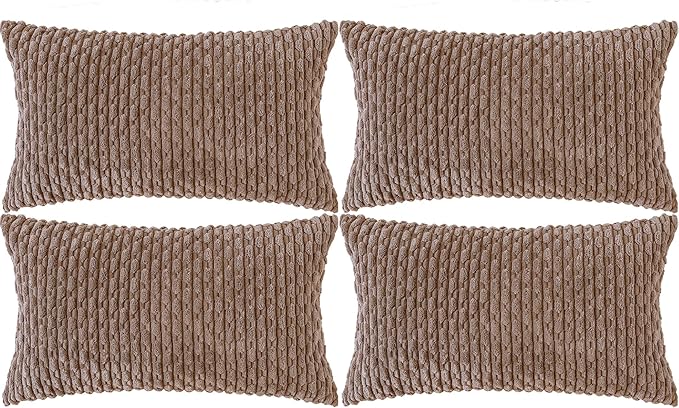 Set of 4 Light Brown Decorative Throw Pillow Covers 12x20 Inch Corduroy Pillow Covers for Bed Couch Sofa Living Room Soft Cushion Cases