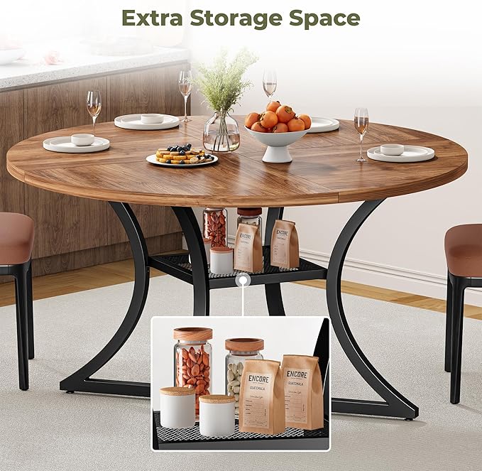 IRONCK 47.2" Round Dining Table for 4, Wood Kitchen Table with Storage Shelf for Dining Room, Dinner Table with Wooden Tabletop and Metal Base, Cherry