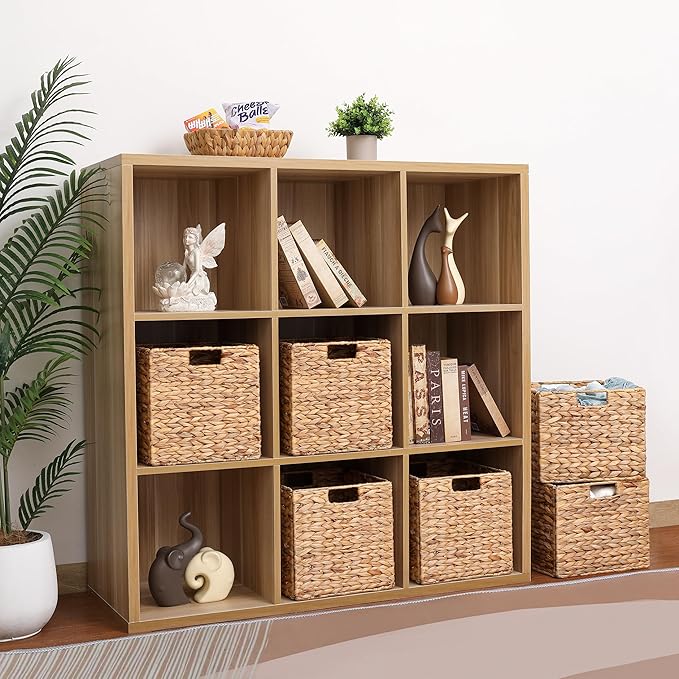 10.5 x 10.5in Wicker Storage Baskets, Cube Foldable Water Hyacinth Storage Baskets for 11 x 11 Cube Shelves Set of 4