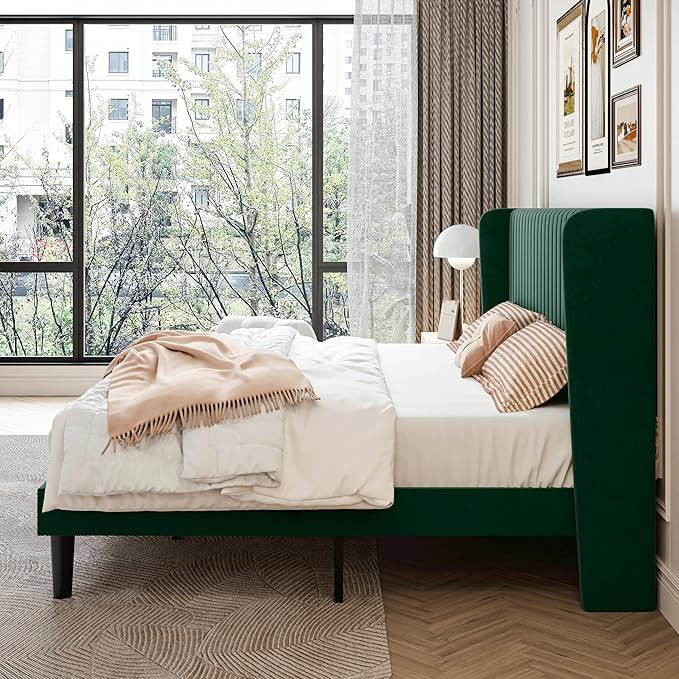 SHA CERLIN King Size Velvet Bed Frame with Vertical Channel Tufted Wingback Headboard, Upholstered Platform Bed with Wood Slats, No Box Spring Needed, Easy Assembly, Green