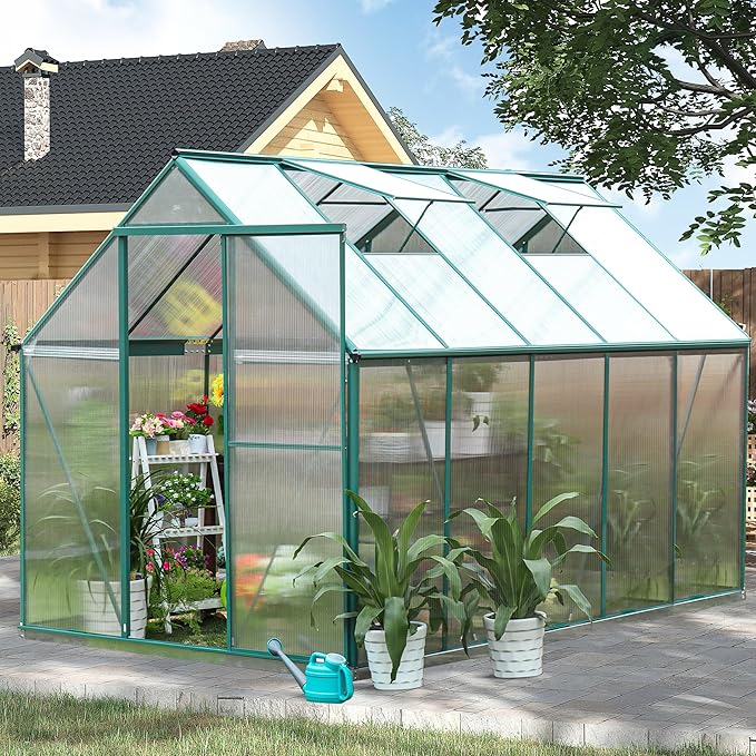CDCASA 10.2x6.2 FT Greenhouse, Polycarbonate Greenhouses Heavy Duty Aluminum Greenhouse for Outdoors w/ Lockable Doors & 2 Vent Window Walk-in Green House Sunroom for Outside Backyard, Green