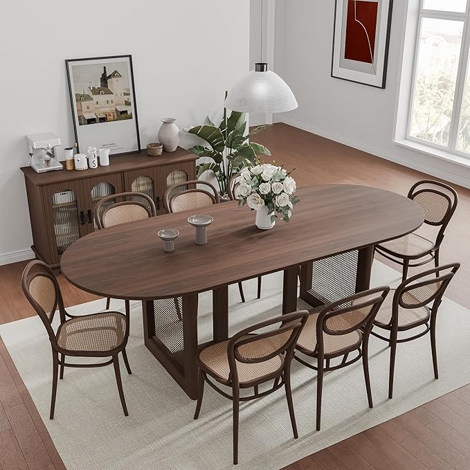 Casaphoria 79" Dining Table for 8, Wood Kitchen Table with Scratch-Resistant Top & Rattan Base, Modern Farmhouse Oval Dining Table for Living Room, Kitchen, Easy Assembly, Walnut (Chairs not included)