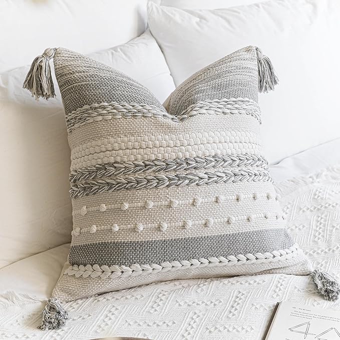 BlissBlush Gray Boho Decorative Throw Pillow Cover 18x18 Square Farmhouse Accent Cushion for Couch Sofa Livingroom Bedroom Pillowcase Modern Home Décor (Pack of 1)