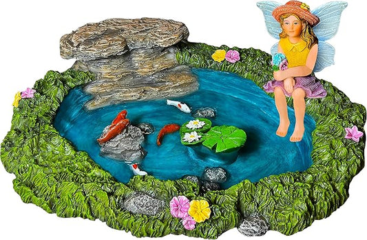 Mood Lab Fairy Garden - Miniature Fish Pond & Fairy Figurine Kit - 2 pcs Set of Garden Accessories - Outdoor or House Decor