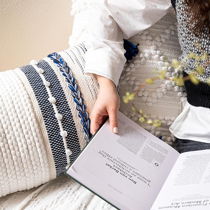 BlissBlush Navy Dark Blue Boho Decorative Lumbar Pillow Cover 14x36, Long Body Pillow for Bed, Accent Lumbar Throw Pillow for Couch, Modern Farmhouse Textured Pillowcase