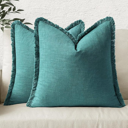 MIULEE Decorative Throw Pillow Covers Neutral Linen Fringe Throw Pillows Set of 2 Teal Boho Farmhouse Cushion Covers with Tassels for Couch Sofa Bed Living Room Spring Home Decor 18x18 Inch