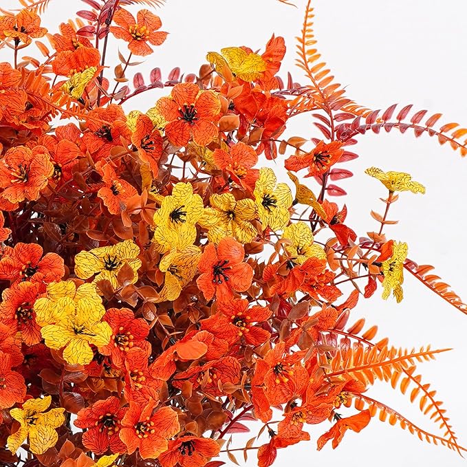 Artificial Mums Fall Fake Flowers for Outdoors, 12 Bundles Faux Mums for Outdoor Planters Decorations,UV Resistant Silk Flowers Plastic Plants for Front Porch Garden Patio (B-Orange Yellow Fern)