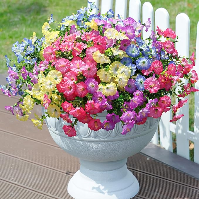 Artificial Flowers Fake Plants for Outdoors Decoration, 12 Bundles Silk Morning Glory with Eucalyptus Realistic UV Resistant Faux Flowers for Outside Planter Porch Yard Patio Garden Home Indoor, Mix