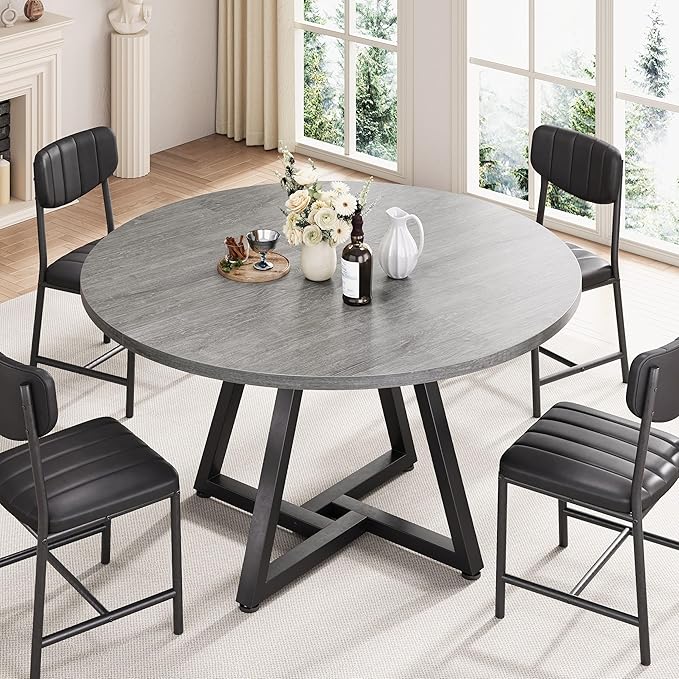 Round Kitchen Dining Room Table Circle Dining Dinner Table with Pedestal Metal Frame, Space Saving Wood Industrial Furniture for Small Space (Grey, 47IN)