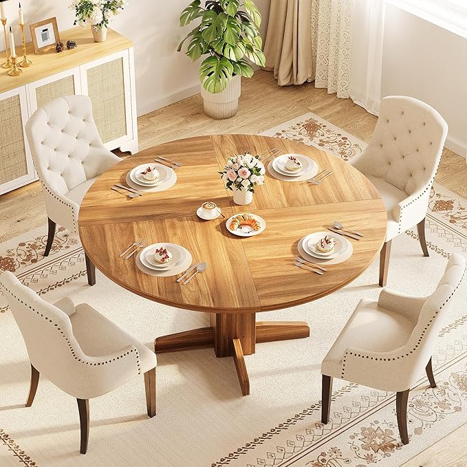 Garvee Round Dining Room Table for 4-6, 47" Wood Kitchen Table with Sturdy Pedestal Base, Farmhouse Circle Dinner Tables for Living Room, Apartment, Walnut