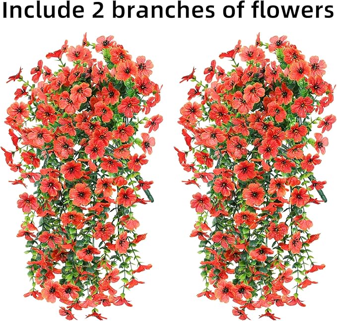 INSPRING Fall Fake Mums Artificial Flowers Hanging Decoration for Outdoors, 2Pcs Orange Daisy with Autumn Eucalyptus Leaves, Realistic Plants Decor, Silk Flower for Porch Patio Balcony Planter Yard