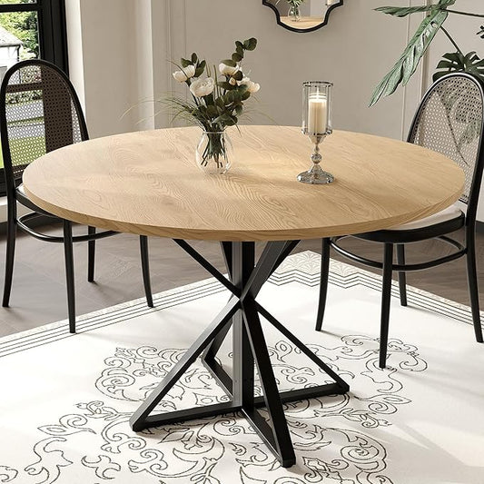 GarveeHome 47 inch Round Dining Table for 4, Oak, Farmhouse Wood Circle Pedestal Kitchen Table, Circle Dinner Table for Kitchen & Dining Room