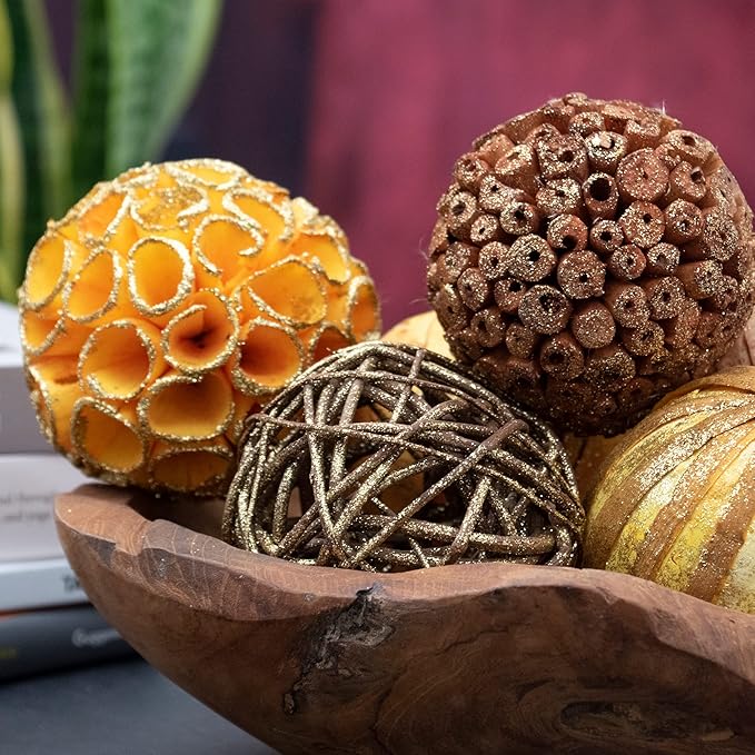 Natural Tones Vase & Bowl Fillers Glitter Gold Decorative Balls | Home Decor (Yellow Gold)