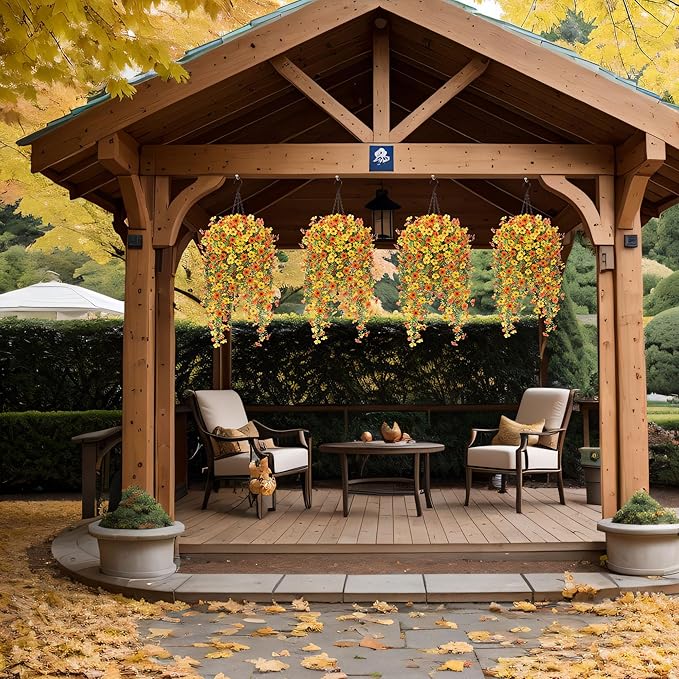 Fake Mums Artificial Hanging Flowers for Outdoor Fall Decoration, 2 PCS Silk Daisy Flower Realistic Faux Plants UV Resistant for Porch Patio Window Yard Outside Autumn Decor(Yellow Orange)