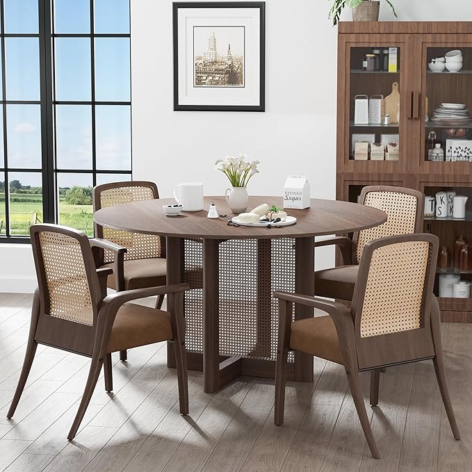 Casaphoria 52" Round Dining Table, Modern Kitchen Table for 6, Scratch-Resistant Top & Rattan Base, Farmhouse Dinner Table for Living Room, Kitchen, Bar, Easy Assembly, Walnut