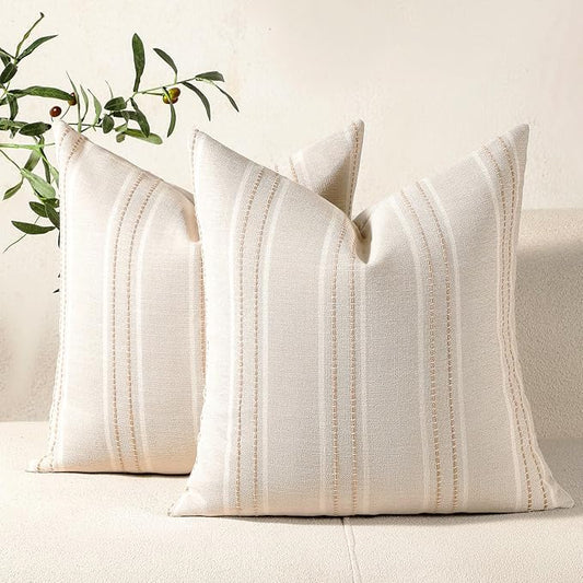 Hckot Hand Made Throw Pillow Covers 20x20 Set of 2 Striped Pillow Covers Linen Decorative Pillows Square Cushion Covers for Sofa Couch Bed Living Room Farmhouse Decor, Khaki