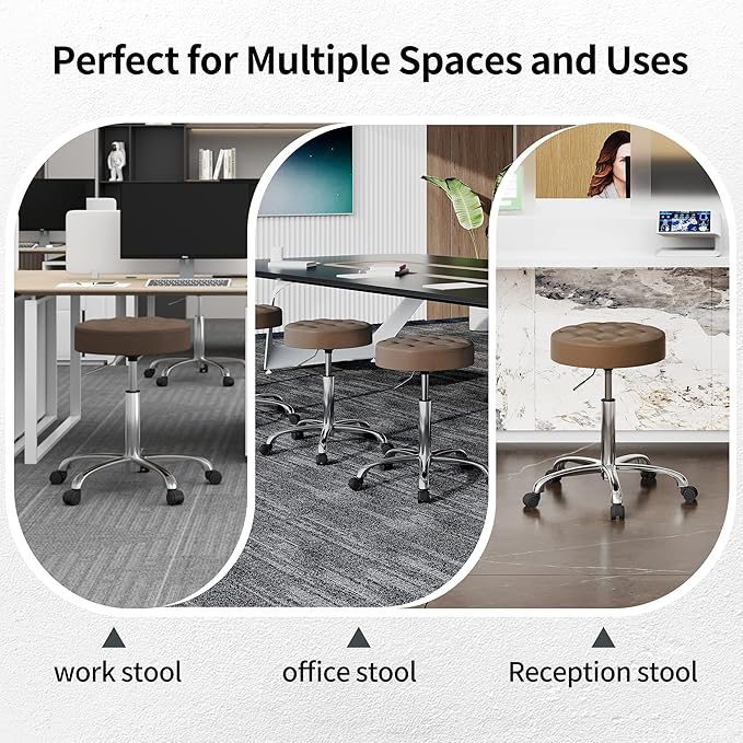 Stool for Work (Adjustable Height 20-27 inch) (Quiet Wheels and Aluminum Base) Vanity Stool for Makeup Room (Coffee Brown)