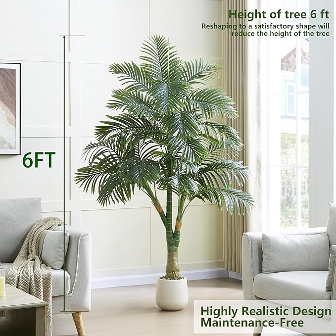 Artificial Golden Cane Palm Tree 6FT Tall Fake Plant Large Tropical Palms Trees with 3 Realistic Trunks, Faux Palm Plant Artificial Tree in Pot for Indoor Outdoor Room Patio Office Home Decor