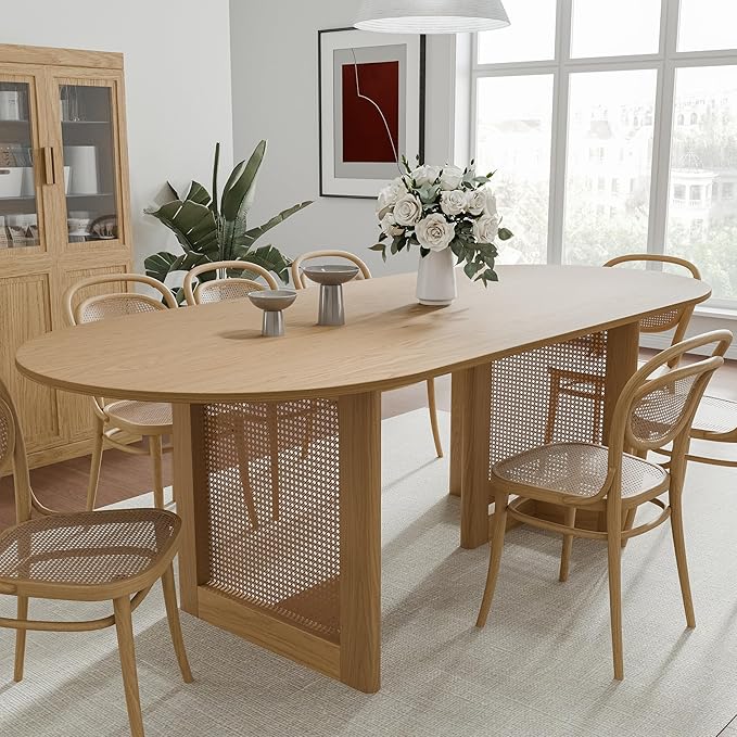 Casaphoria 79" Dining Table, Wicker Base Modern Kitchen Table for 4-6, Farmhouse Style with Oval Top & Wicker Base, Easy Assembly for Living Room, Kitchen, Natural Wood