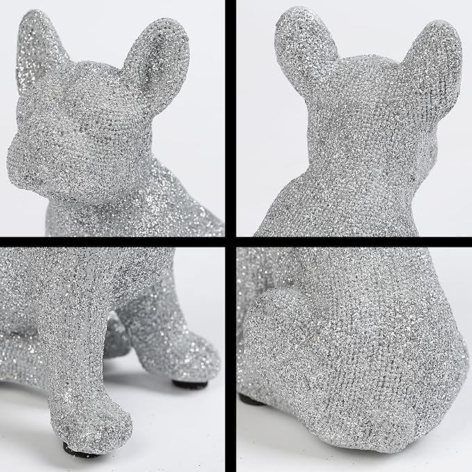 French Bulldog Statue,Resin Sparkly Frenchie Dog Sculpture Decor for Home Living Room Office Bedroom Shelf Desktop Decorations,French Bulldog Gifts for Men and Women,Silver