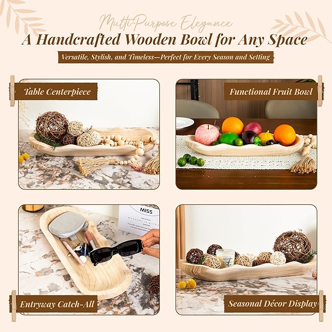 Wavy Edge Wooden Dough Bowl for Decor 16"L Lightweight Paulownia Wood Hand Carved Decorative Wooden Farmhouse Fruit Bowl Handmade, Home Decoration Centerpiece, Table Display Bowl