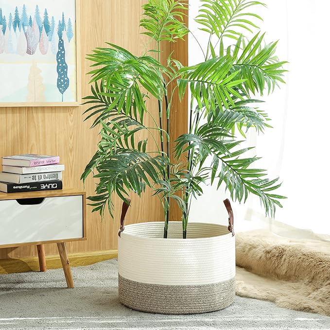 KAKAMAY Large Blanket Basket (20"x13"),Woven Baskets for storage Baby Laundry Hamper,Cotton Rope Blanket Basket for Living Room, Laundry, Nursery, Pillows, Baby Toy chest (White/Beige)