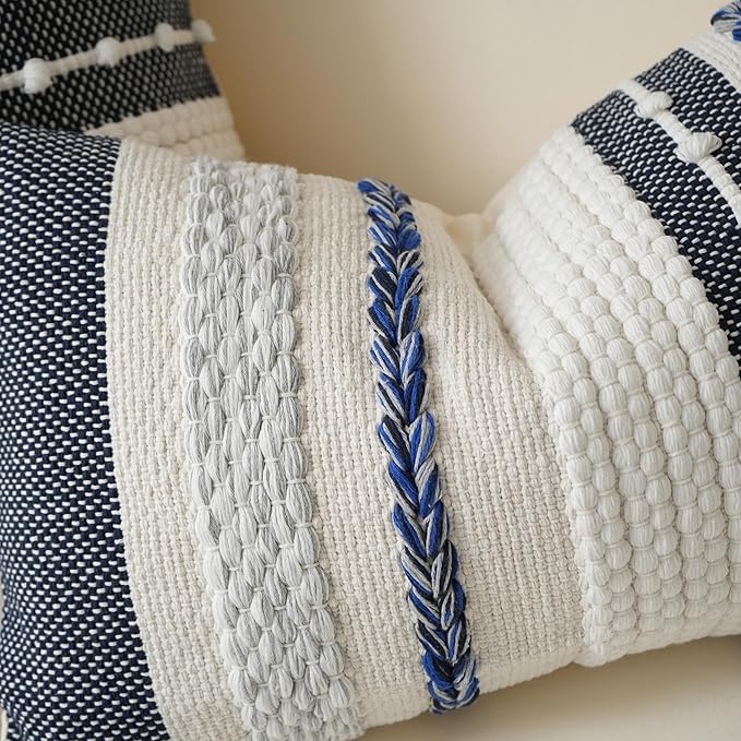 BlissBlush Navy Dark Blue Boho Decorative Lumbar Pillow Cover 14x36, Long Body Pillow for Bed, Accent Lumbar Throw Pillow for Couch, Modern Farmhouse Textured Pillowcase