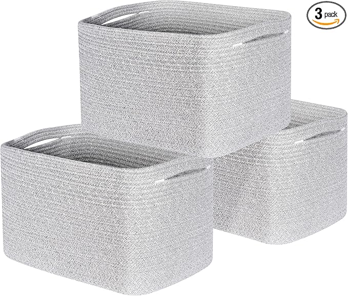 MINTWOOD Design 3-Pack Decorative Woven Storage Baskets for Shelves, Cube Bin Box for Organizing Books, Shoes, Dog Toys, Pantry Closet and Living Room Organizer, Light Gray Mix