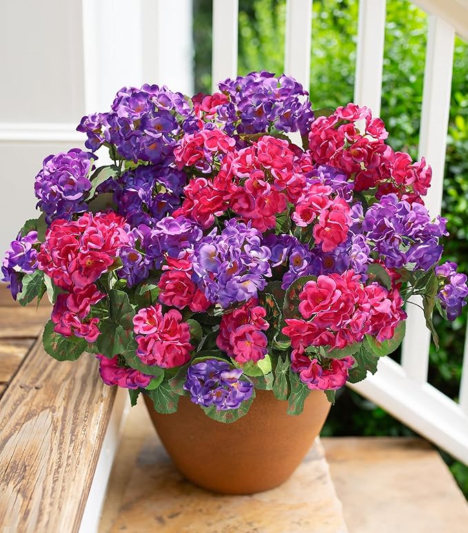 Artificial Geranium Fake Flowers for Outdoors Decoration, 6 Bundles Silk Geraniums Flower UV Resistant Look Real Faux Plants for Front Door Garden Porch Planter Patio Balcony Yard Indoor Home, Mix