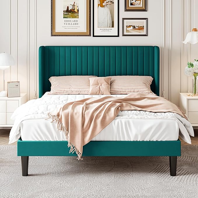 SHA CERLIN Full Size Velvet Bed Frame with Vertical Channel Tufted Wingback Headboard, Upholstered Platform Bed with Wood Slats, No Box Spring Needed, Easy Assembly, Teal