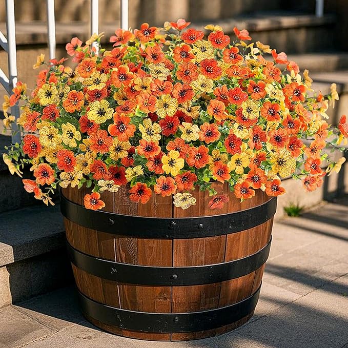 Fall Mums Artificial Flowers for Outdoors Potted, 12 Bundles Fake Fall Daisy Flower with Realistic Eucalyptus Leaves, Fake Plants for Greenery Boxwood Porch Patio Garden Pot Lawn(Yellow Orange)