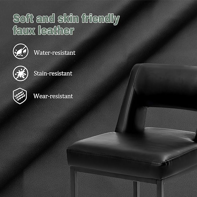 Counter Height Black Bar Stools Set of 2 for Kitchen Counter Modern Bar Chairs with Backs for Kitchen Island with Upholstered Faux Leather Seat and Metal Frame, 26 Inch