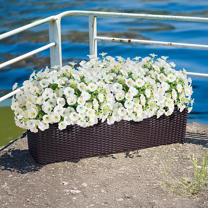 Artificial Flowers Fake Plants for Outdoors Decoration, 12 Bundles White Silk Morning Glory with Eucalyptus Realistic UV Resistant Faux Flowers for Outside Planter Porch Yard Patio Garden Home Indoor