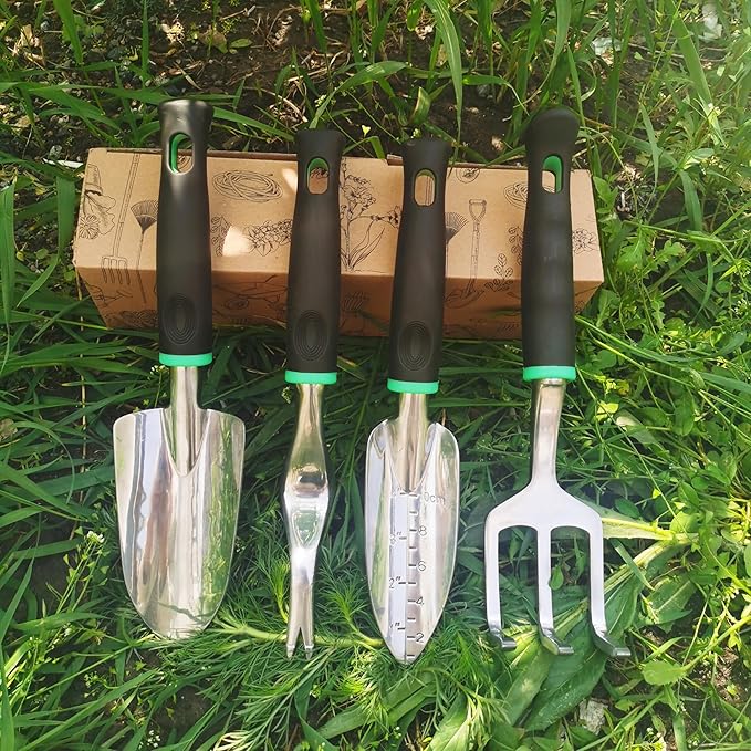 Garden Tools Set, 4 Piece Aluminum Hand Tool Kit with Ergonomic Handle, Heavy Duty Gardening Tools Include Hand Trowel, Transplant Trowel, Hand Rake and Weeder for Man and Women (Green)