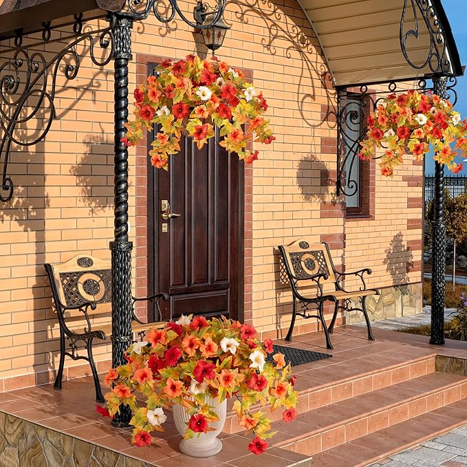 Artificial Fake Fall Flowers with Hanging Basket Plants for Outdoor Autumn Decoration,Silk Faux Flower UV Resistant Petunias for Home Porch Patio Garden Balcony Yard Decor Real Looking(Orange White)