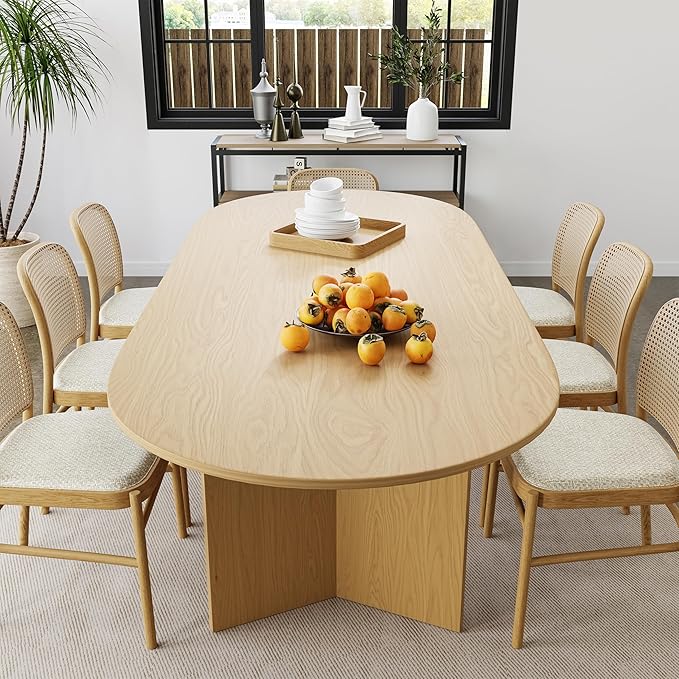 Casaphoria 79" Dining Table for 6, Wood Kitchen Table with Scratch-Resistant Top & V-Shaped Base, Modern Farmhouse Oval Dining Table for Living Room, Kitchen, Easy Assembly, Natural Wood