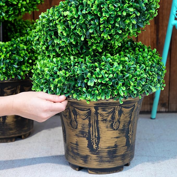 2-Pack Faux Boxwood Spiral Topiary Trees - 3ft Tall - Planter Included - Artificial Plants for Indoors or Outdoors - Realistic Dense Green Leaves with UV and Weather Protection