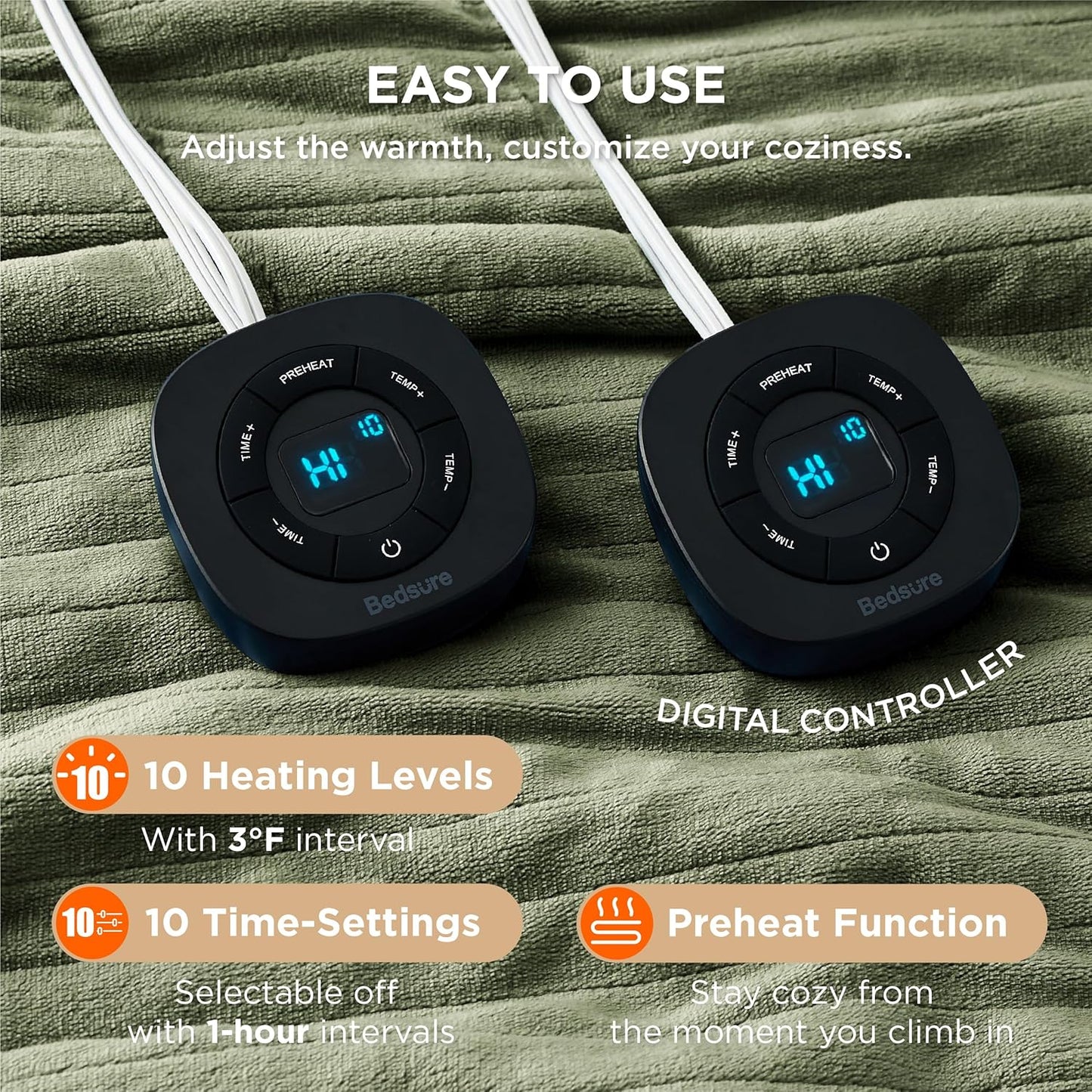 Bedsure Electric Blanket King Size - Dual Control Heated Blanket King Size, Fast Heating with 10 Time Settings & 10 Heat Settings, Warm Gift for Grandma (100x90 inches, Olive Green)