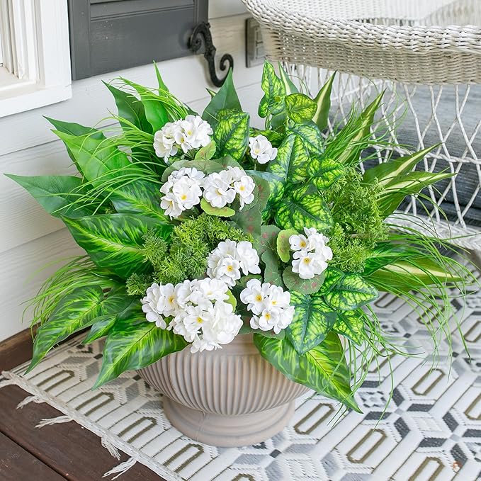 10 Bundles Artificial Greenery Plants & Flowers for Outdoor UV Resistant Fake Plants Plastic Leaves with Stems for Outside Garden Porch Decor (Mixed-White)