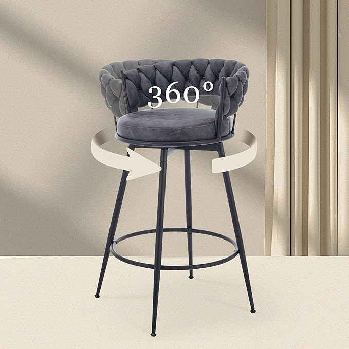 Grey Bar Stools Set of 3, 28 Inch Counter Height Bar Stool with Metal Legs, 360° Swivel Barstools with Woven Back Leather Upholstered, Modern Chair for Kitchen Island, Cafe