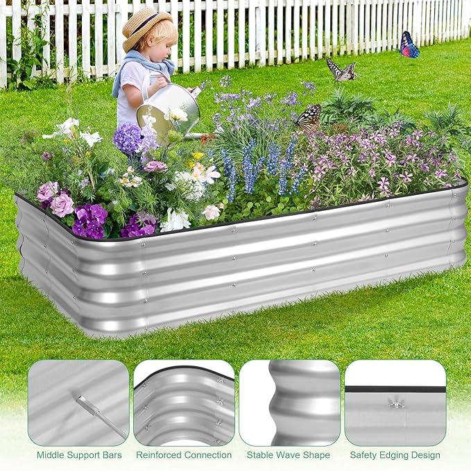 1MORE Raised Garden Bed -5X3X1 Galvanized Planter Box for Outdoor Gardening,4 in 1 Modular Raised Bed Kit with Protective Tape, Gloves for Herb，Ideal for Vegetables and Plants.sliver-1Pcs