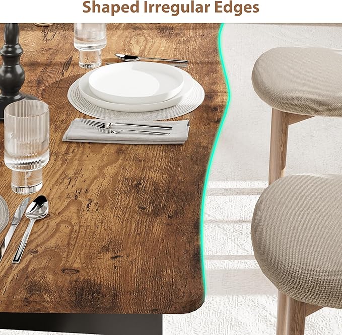 IDEALHOUSE 78.7”Dining Table with Wave Irregular Edge, 15mm Thick MDF Top & Metal Frame, for Kitchen, Quick Assembly, Wooden Kitchen Table for 6-8, Waterproof Scratch-Resistant, Retro Brown