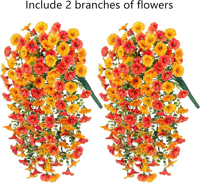 Artificial Faux Fall Hanging Flowers Plants for Outdoor Decor,2 PCS Fake Silk Morning Glory with Eucalyptus UV Resistant Realistic Vine for Wall Home Porch Patio Balcony Yard Decor,Yellow and Orange