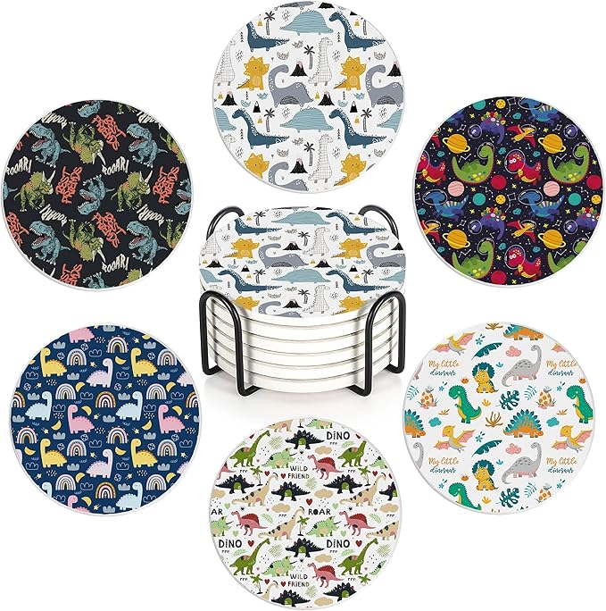Drink Coasters Set of 6 with Holder, Dinosaur Absorbent Ceramic Drink Coaster for Tabletop Protection,Suitable for Kinds of Cups,Drinks Coasters for Home Office Decoration(4 Inches)