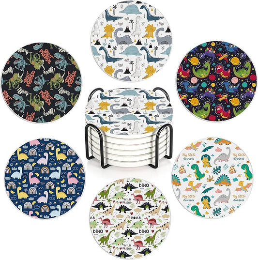 Drink Coasters Set of 6 with Holder, Dinosaur Absorbent Ceramic Drink Coaster for Tabletop Protection,Suitable for Kinds of Cups,Drinks Coasters for Home Office Decoration(4 Inches)