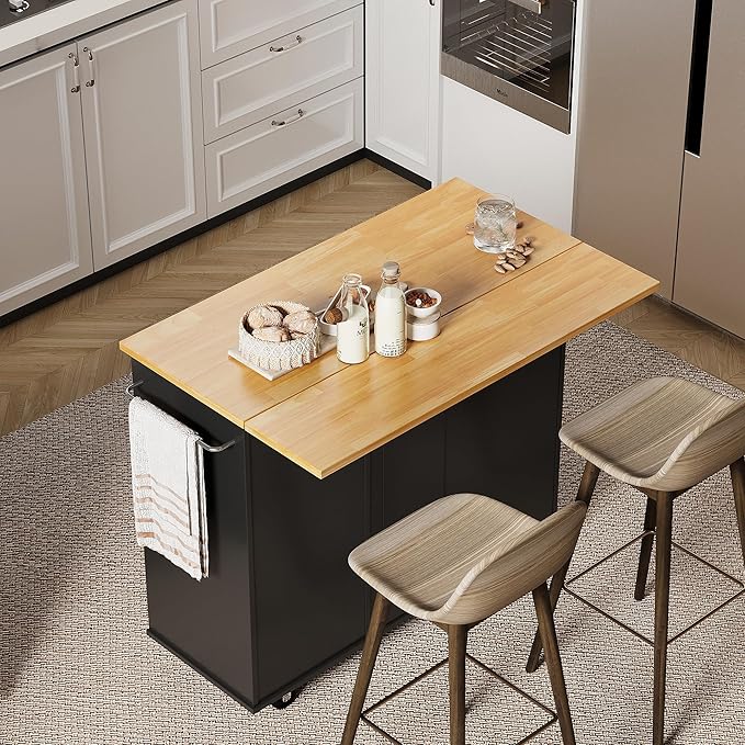 Shintenchi Rolling Kitchen Island Cart with Folding Drop Leaf Breakfast Bar, Portable Trolley Island with Large Storage Cabinet, Shelf and Drawer, Black