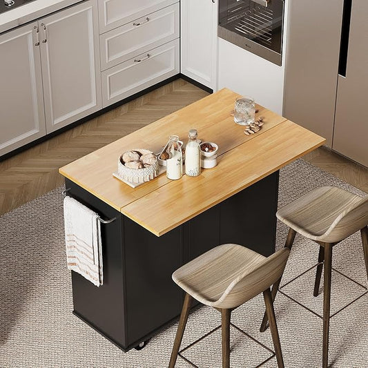 Shintenchi Rolling Kitchen Island Cart with Folding Drop Leaf Breakfast Bar, Portable Trolley Island with Large Storage Cabinet, Shelf and Drawer, Black