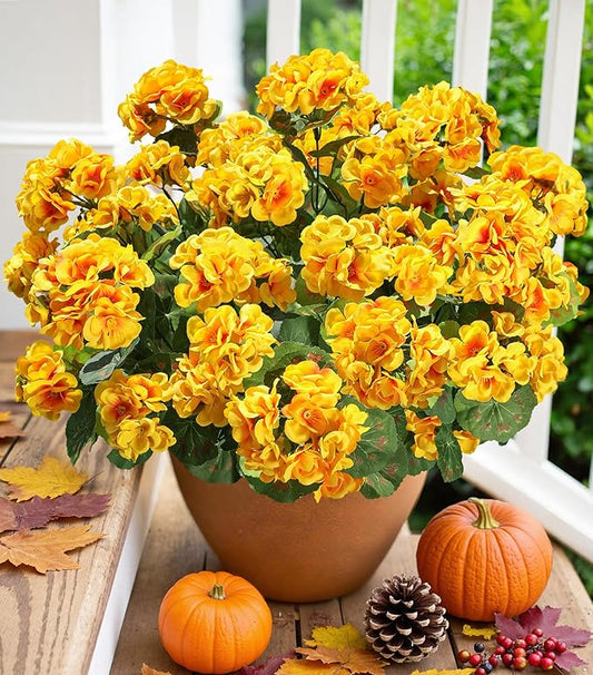 Fake Geraniums Artificial Flowers for Outdoors Fall Autumn Decoration, 6 Bundles Silk Geraniums UV Resistant Look Real Yellow Faux Flowers Plants for Front Door Garden Planter Patio Balcony Yard Home