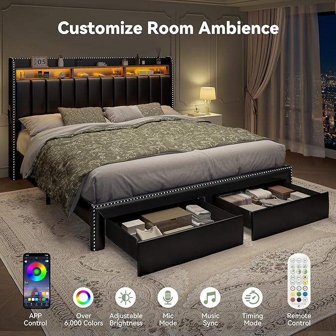 Torana King LED Bed Frame with 2 Drawers, PU Leather Upholstered Storage Wingback Headboard Beds, Channel Tufted Platform Bedframe with Rivet Decor, No Box Spring Needed, Black