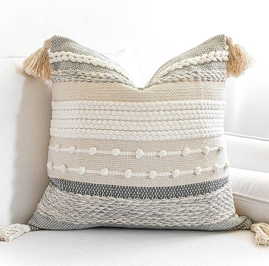 BlissBlush Gray Boho Throw Pillow Cover 22x22, Grey Decorative Accent Pillow for Couch, Square Woven Textured Pillowcase, Modern Farmhouse Pillow for Bed, Bohemian Pillow Cover (Pack of 1)